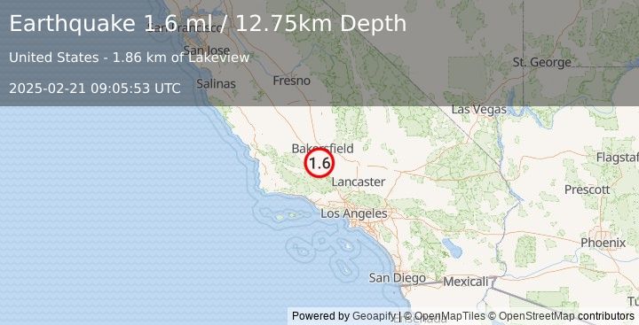 Earthquake 22 km NW of Grapevine, CA (1.6 ml) (2025-02-21 09:05:53 UTC)