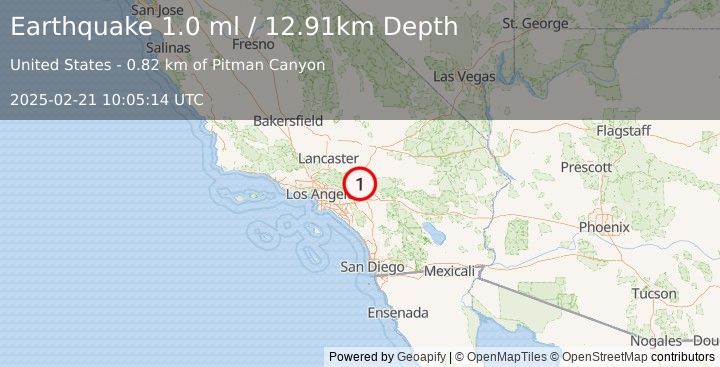 Earthquake 4 km WNW of Devore, CA (1.0 ml) (2025-02-21 10:05:14 UTC)