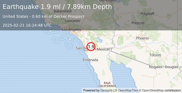 Earthquake 2 km NW of Pine Valley, CA (1.9 ml) (2025-02-21 16:24:48 UTC)