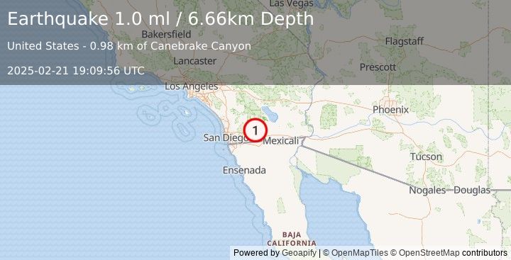 Earthquake 27 km ENE of Pine Valley, CA (1.0 ml) (2025-02-21 19:09:56 UTC)