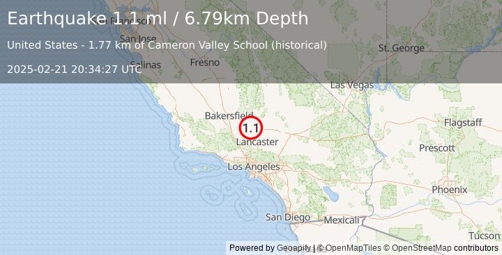 Earthquake 13 km SE of Tehachapi, CA (1.1 ml) (2025-02-21 20:34:27 UTC)