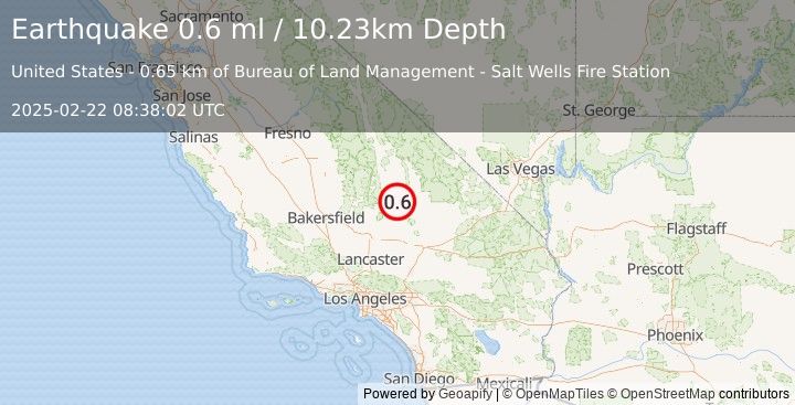 Earthquake 7 km E of Ridgecrest, CA (0.6 ml) (2025-02-22 08:38:02 UTC)