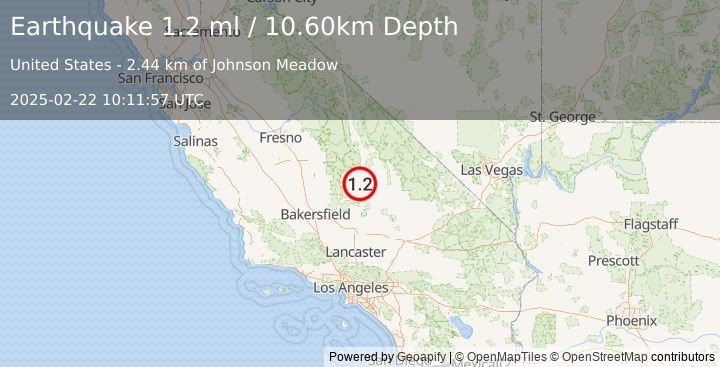 Earthquake 12 km W of Little Lake, CA (1.2 ml) (2025-02-22 10:11:57 UTC)