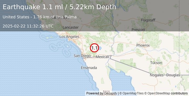 Earthquake 12 km N of Ocotillo Wells, CA (1.1 ml) (2025-02-22 11:32:26 UTC)