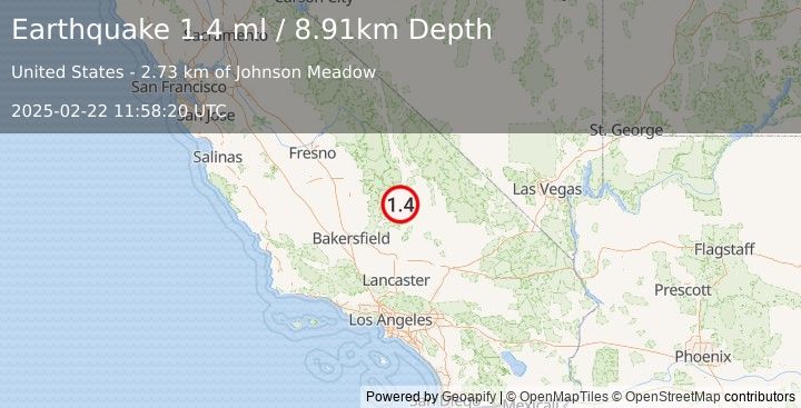 Earthquake 12 km W of Little Lake, CA (1.4 ml) (2025-02-22 11:58:20 UTC)