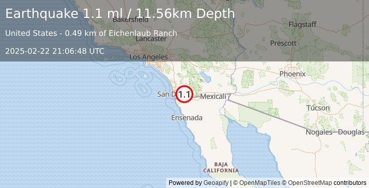 Earthquake 14 km SSE of Alpine, CA (1.1 ml) (2025-02-22 21:06:48 UTC)