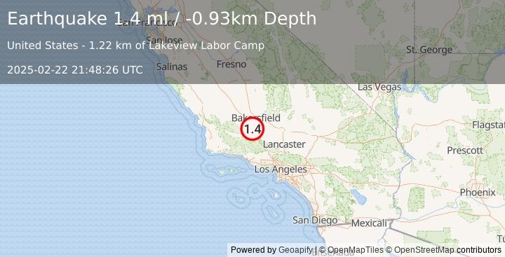 Earthquake 24 km NW of Grapevine, CA (1.4 ml) (2025-02-22 21:48:27 UTC)