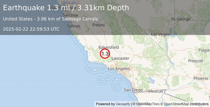 Earthquake 12 km SE of Maricopa, CA (1.3 ml) (2025-02-22 22:59:53 UTC)