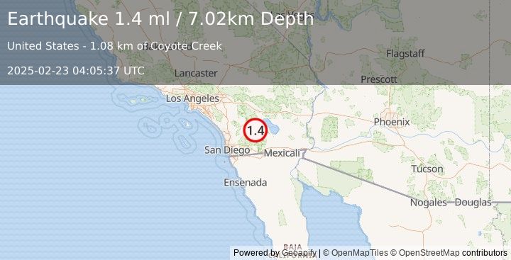 Earthquake 8 km ESE of Borrego Springs, CA (1.4 ml) (2025-02-23 04:05:37 UTC)