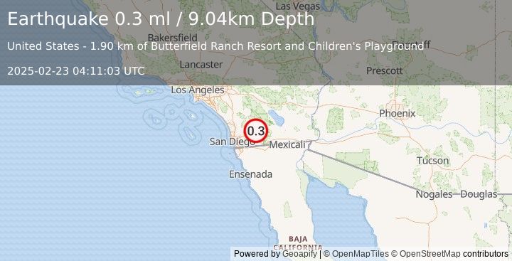 Earthquake 18 km ESE of Julian, CA (0.3 ml) (2025-02-23 04:11:03 UTC)