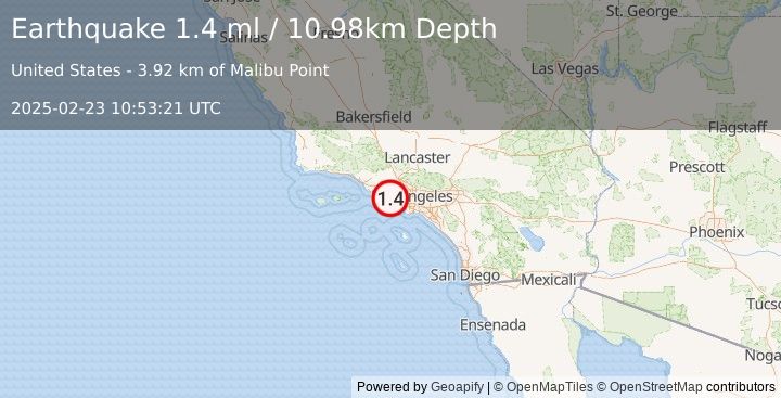 Earthquake 4 km SSE of Malibu Beach, CA (1.4 ml) (2025-02-23 10:53:21 UTC)