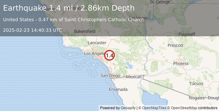 Earthquake 0 km SW of Moreno Valley, CA (1.4 ml) (2025-02-23 14:40:33 UTC)