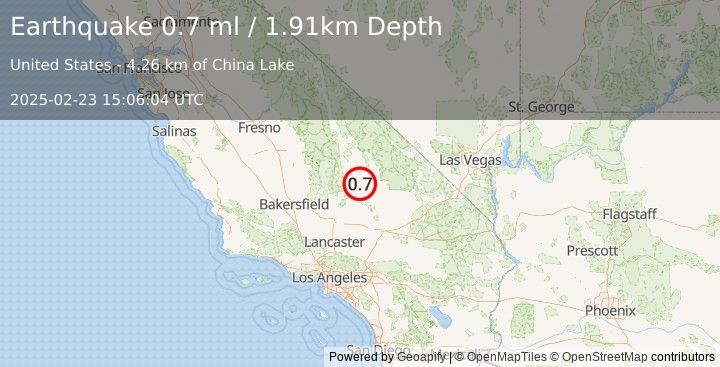 Earthquake 15 km WSW of Searles Valley, CA (0.7 ml) (2025-02-23 15:06:04 UTC)