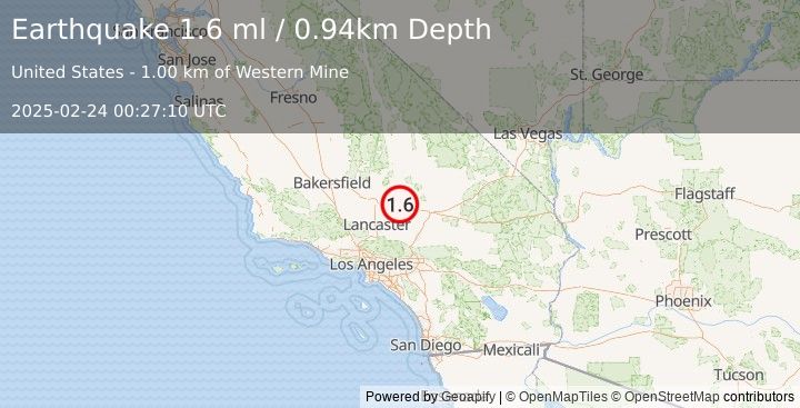 Earthquake 4 km NW of Boron, CA (1.6 ml) (2025-02-24 00:27:10 UTC)