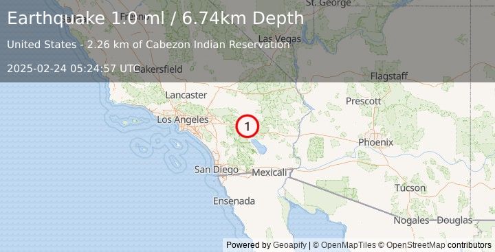 Earthquake 18 km NNE of Indio, CA (1.0 ml) (2025-02-24 05:24:57 UTC)