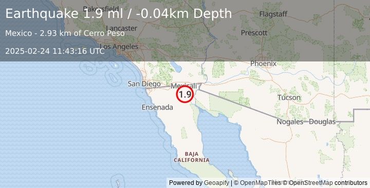 Earthquake 22 km W of Delta, B.C., MX (1.9 ml) (2025-02-24 11:43:16 UTC)