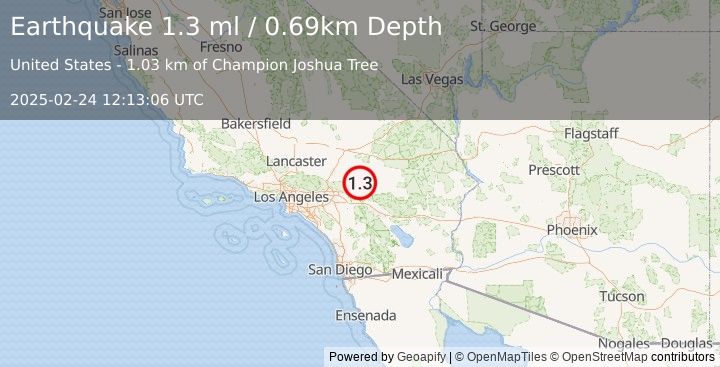 Earthquake 11 km ENE of Big Bear City, CA (1.3 ml) (2025-02-24 12:13:06 UTC)