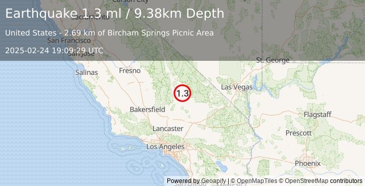 Earthquake 22 km NNW of Searles Valley, CA (1.3 ml) (2025-02-24 19:09:29 UTC)