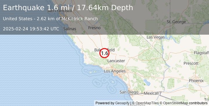 Earthquake 13 km SW of Lamont, CA (1.6 ml) (2025-02-24 19:53:42 UTC)