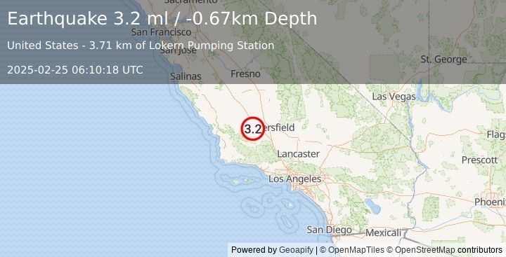 Earthquake 10 km SW of Buttonwillow, CA (3.2 ml) (2025-02-25 06:10:18 UTC)