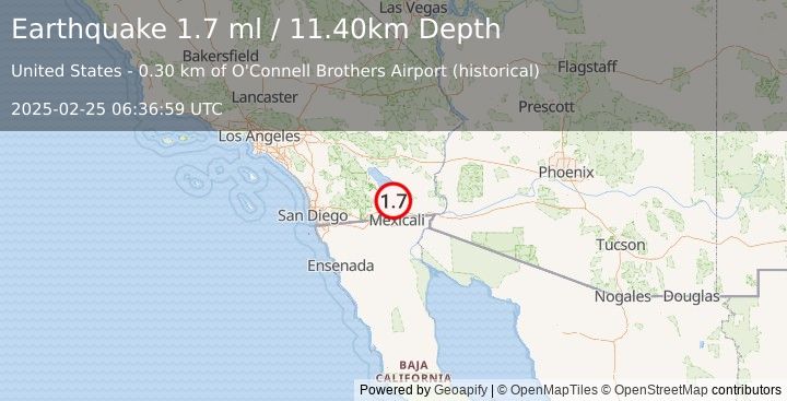 Earthquake 2 km SSW of Brawley, CA (1.7 ml) (2025-02-25 06:36:59 UTC)