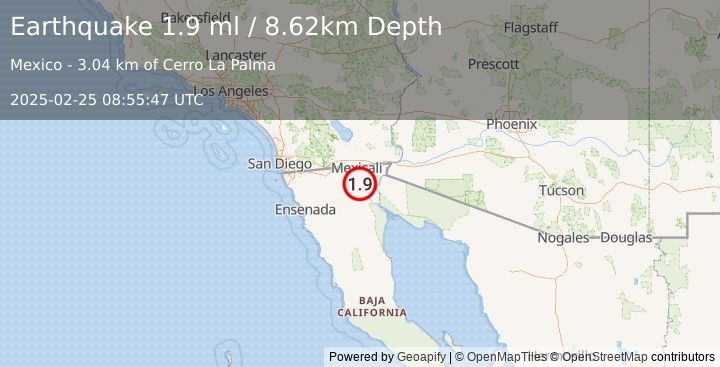 Earthquake 20 km W of Delta, B.C., MX (1.9 ml) (2025-02-25 08:55:47 UTC)