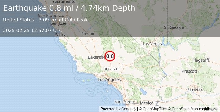 Earthquake 33 km ESE of Bodfish, CA (0.8 ml) (2025-02-25 12:57:07 UTC)