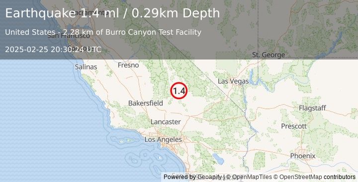 Earthquake 13 km WNW of Searles Valley, CA (1.4 ml) (2025-02-25 20:30:24 UTC)