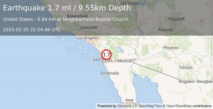 Earthquake 3 km SSE of Ramona, CA (1.7 ml) (2025-02-25 22:24:46 UTC)