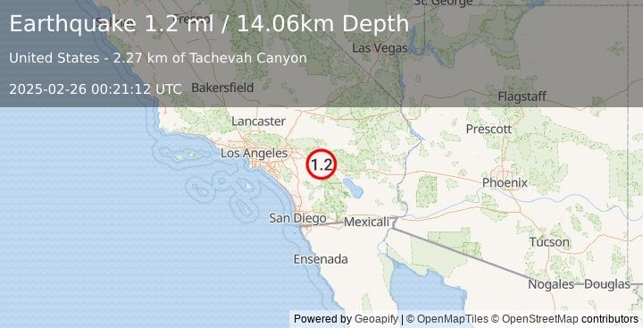 Earthquake 5 km W of Palm Springs, CA (1.2 ml) (2025-02-26 00:21:12 UTC)