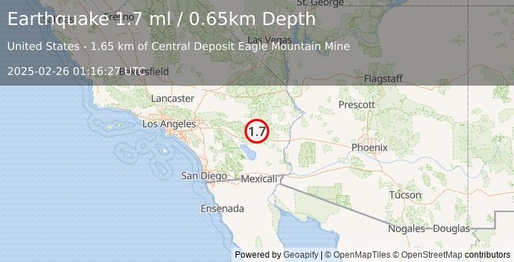 Earthquake 21 km NW of Desert Center, CA (1.7 ml) (2025-02-26 01:16:27 UTC)