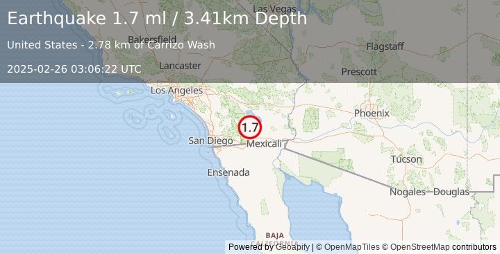 Earthquake 21 km ESE of Ocotillo Wells, CA (1.7 ml) (2025-02-26 03:06:22 UTC)