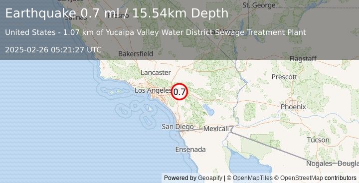 Earthquake 3 km WNW of Calimesa, CA (0.7 ml) (2025-02-26 05:21:27 UTC)