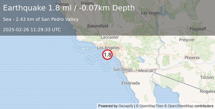 Earthquake 12 km S of San Pedro, CA (1.8 ml) (2025-02-26 11:29:33 UTC)