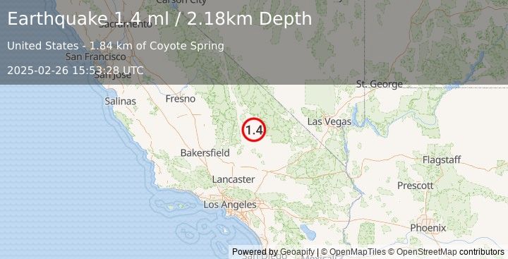 Earthquake 23 km NNW of Searles Valley, CA (1.4 ml) (2025-02-26 15:53:28 UTC)