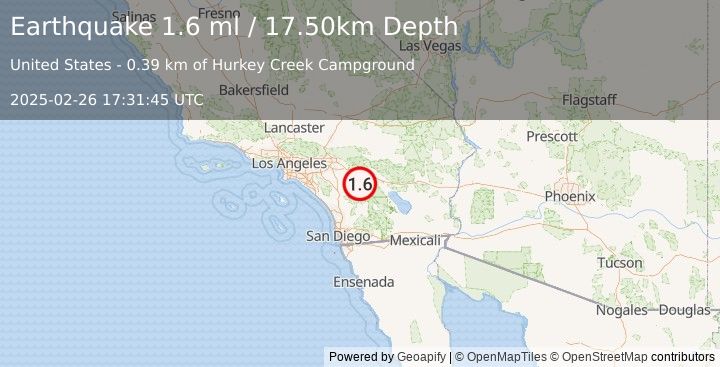 Earthquake 8 km SSE of Idyllwild, CA (1.6 ml) (2025-02-26 17:31:45 UTC)