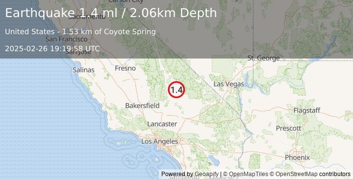 Earthquake 22 km NNW of Searles Valley, CA (1.4 ml) (2025-02-26 19:19:58 UTC)