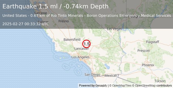 Earthquake 5 km NW of Boron, CA (1.5 ml) (2025-02-27 00:33:32 UTC)