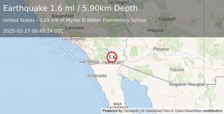 Earthquake 1 km SW of Brawley, CA (1.6 ml) (2025-02-27 00:45:24 UTC)