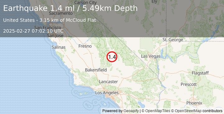 Earthquake 10 km NE of Coso Junction, CA (1.4 ml) (2025-02-27 07:02:10 UTC)