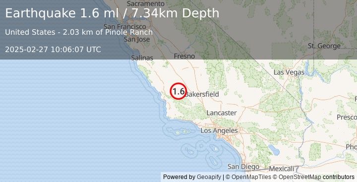 Earthquake 15 km NNW of Simmler, CA (1.6 ml) (2025-02-27 10:06:07 UTC)