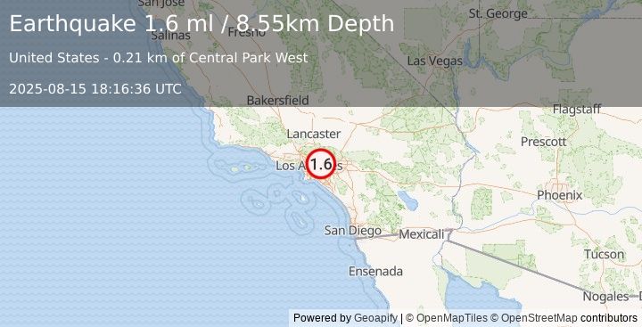 Earthquake 1 km ENE of Baldwin Park, CA (1.6 ml) (2025-08-15 18:16:36 UTC)