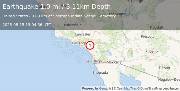 Earthquake 2 km ESE of Home Gardens, CA (1.0 ml) (2025-08-15 19:04:36 UTC)