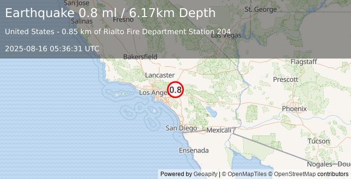 Earthquake 7 km SSW of Devore, CA (0.8 ml) (2025-08-16 05:36:31 UTC)