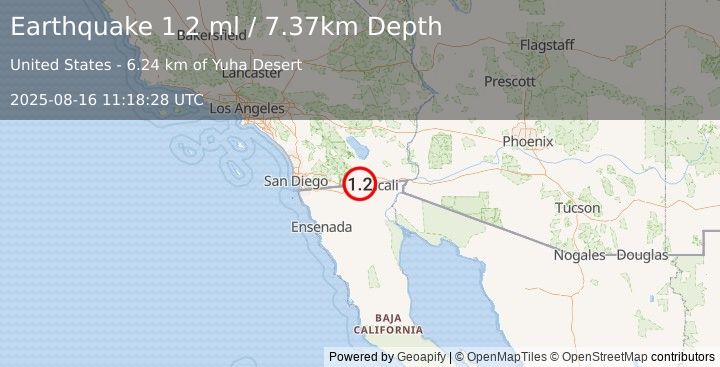 Earthquake 19 km WNW of Progreso, B.C., MX (1.2 ml) (2025-08-16 11:18:28 UTC)