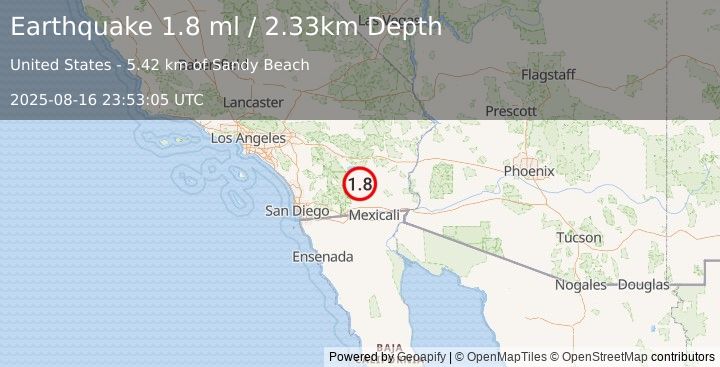 Earthquake 16 km SSW of Bombay Beach, CA (1.8 ml) (2025-08-16 23:53:05 UTC)