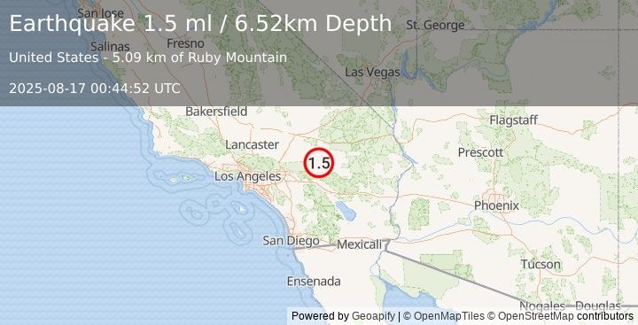 Earthquake 24 km N of Yucca Valley, CA (1.5 ml) (2025-08-17 00:44:52 UTC)
