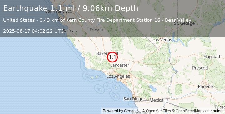 Earthquake 18 km ESE of Arvin, CA (1.1 ml) (2025-08-17 04:02:22 UTC)