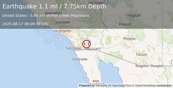 Earthquake 18 km SE of Ocotillo Wells, CA (1.1 ml) (2025-08-17 06:09:39 UTC)
