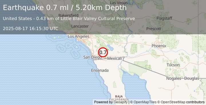 Earthquake 24 km ESE of Julian, CA (0.7 ml) (2025-08-17 16:15:30 UTC)